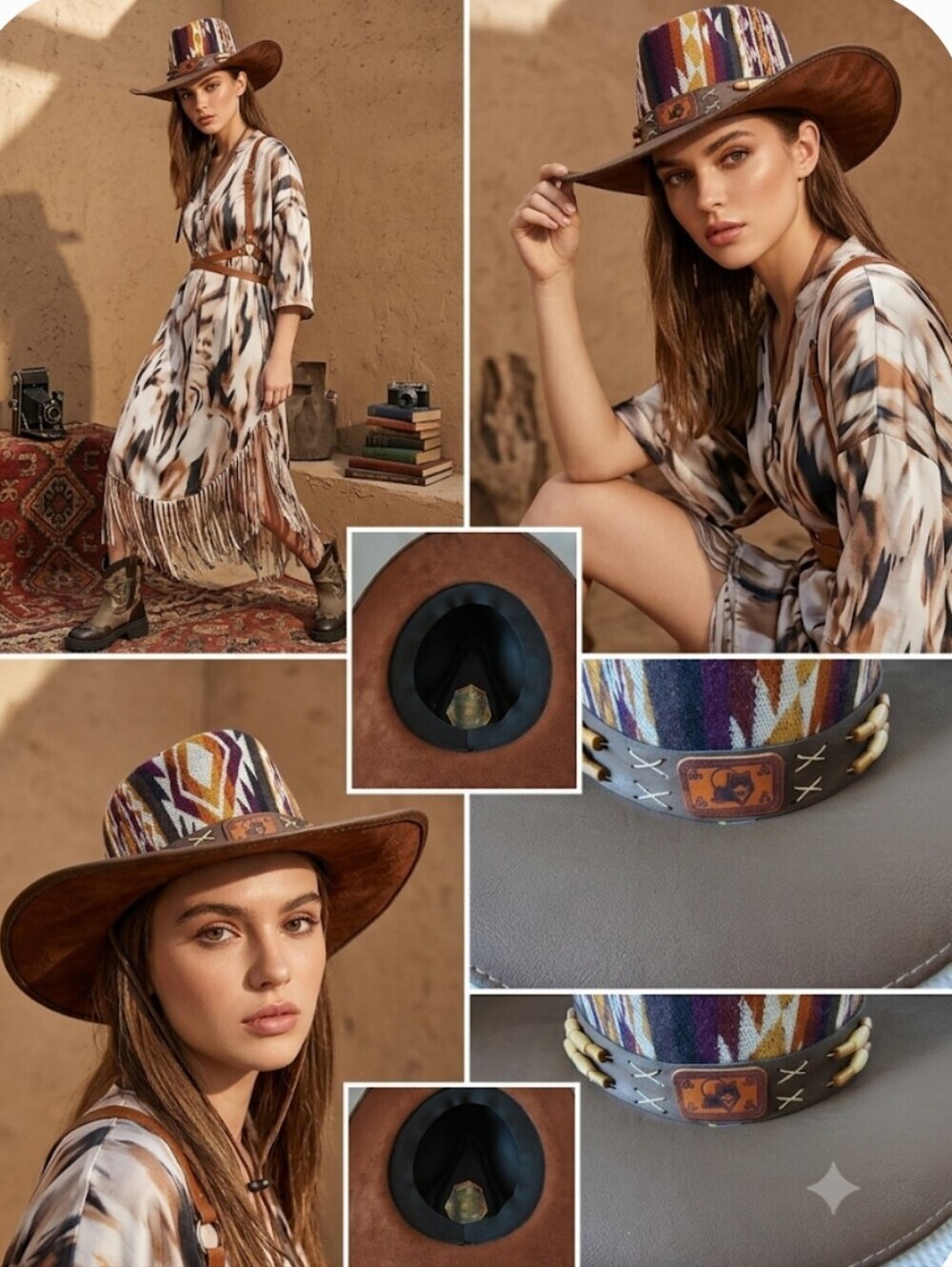 Artisan Western Cowhide Hat with Geometric Woven Crown & Wolf Patch